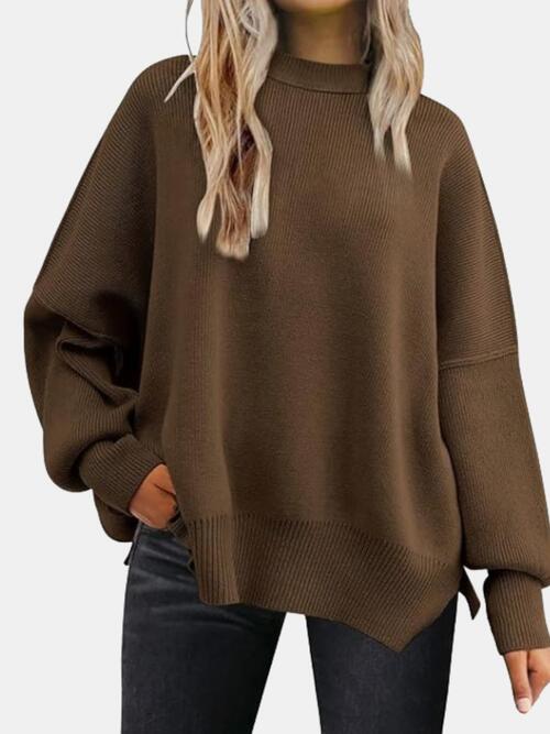 Round Neck Drop Shoulder Slit Sweater - Kyublis DZigns