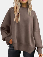 Round Neck Drop Shoulder Slit Sweater - Kyublis DZigns