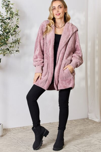 H&T Faux Fur Open Front Hooded Jacket - Kyublis DZigns