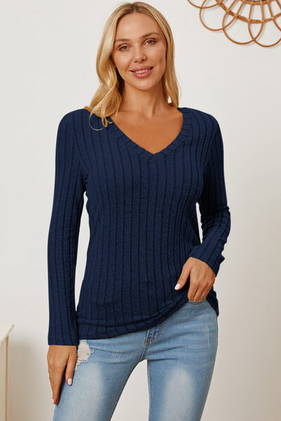 Basic Bae Full Size Ribbed V-Neck Long Sleeve T-Shirt - Kyublis DZigns