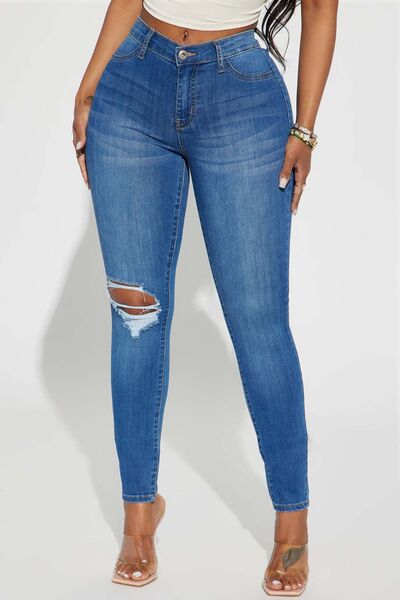 Distressed Buttoned Jeans with Pockets - Kyublis DZigns