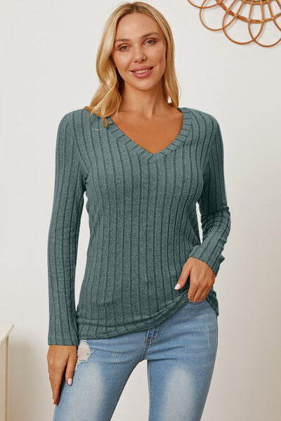 Basic Bae Full Size Ribbed V-Neck Long Sleeve T-Shirt - Kyublis DZigns