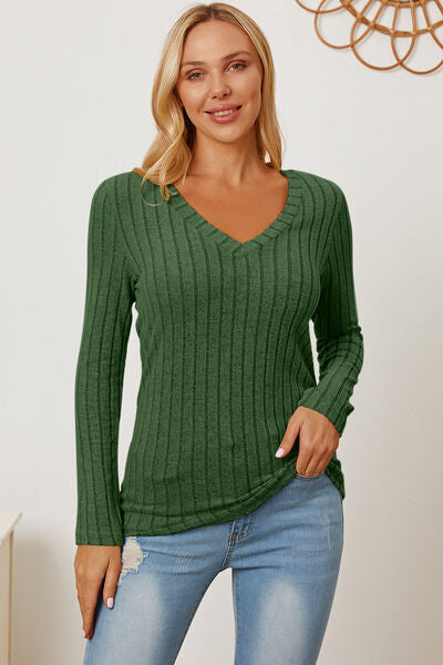 Basic Bae Full Size Ribbed V-Neck Long Sleeve T-Shirt - Kyublis DZigns